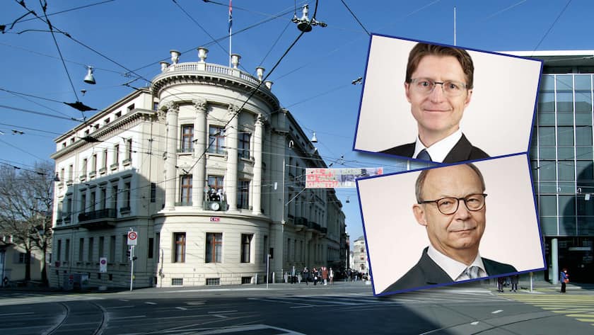Zurückgetretene Verwaltungsräte Fischer und Goppelsroeder; Gebäude der Bank CIC in Basel