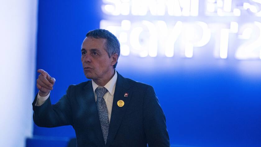 Ignazio Cassis, president of Switzerland, gestures at the COP27 U.N. Climate Summit, Monday, Nov. 7, 2022, in Sharm el-Sheikh, Egypt. (AP Photo/Nariman El-Mofty)