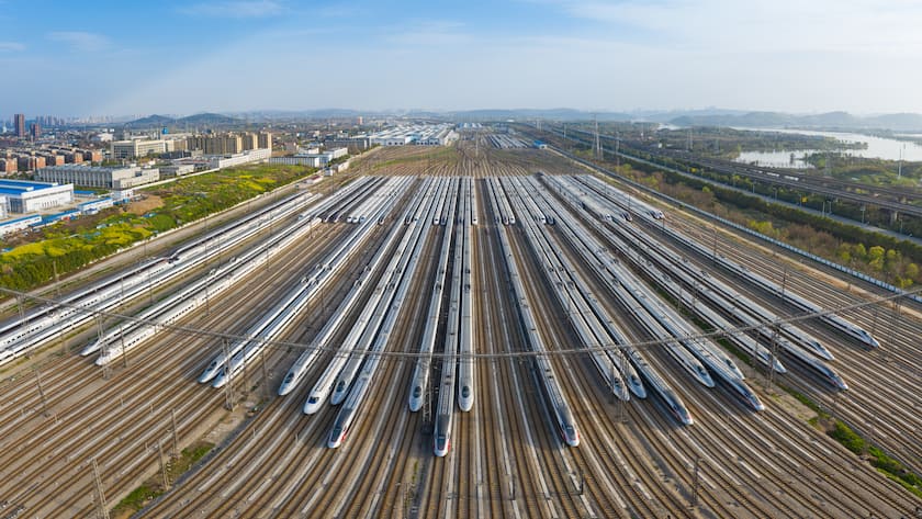 WUHAN, CHINA - MARCH 15: Aerial view of bullet trains at a high-speed train maintenance base on March 15, 2020 in Wuhan, Hubei Province of China. (Photo by Zhang Zheng/VCG via Getty Images)