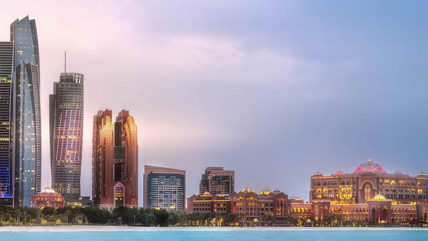 View of Abu Dhabi Skyline at sunrise, United Arab Emirates