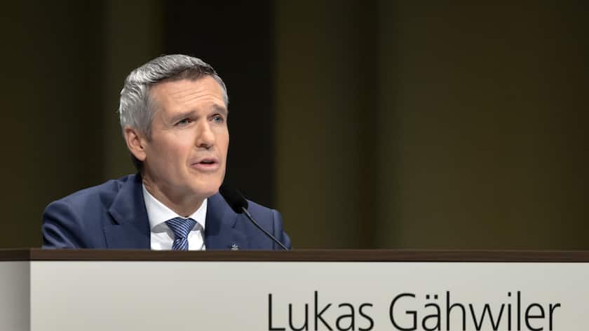 Lukas Gaehwiler, Vice Chairman of the Board of Directors of UBS Group, speaks during the general assembly of the UBS in Basel, Switzerland, o n Wednesday, April 5, 2023. (KEYSTONE/Georgios Kefalas)