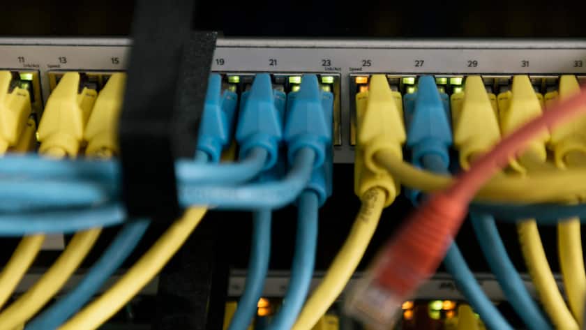 Ein Switch mit gelben und blauen Netzwerkkabeln in den Räumlichkeiten von Wisekey in Genf (Archivbild)
