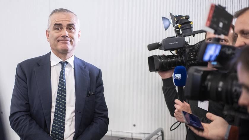 Thomas Gottstein, the new CEO of the Swiss bank Credit Suisse, speaks to the media after the press conference of the full-year results of 2019 in Zurich, Switzerland, Thursday, Feburary 13, 2020. (KEYSTONE/Ennio Leanza).