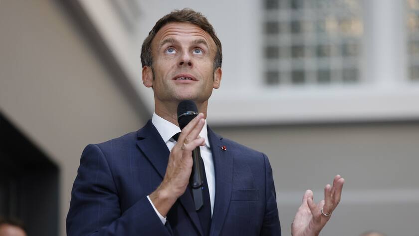 epa10234820 French President Emmanuel Macron speaks as he inaugurates a third place called 'Le Quarante' in Laval, northwestern France, 10 October 2022. EPA/LUDOVIC MARIN / POOL