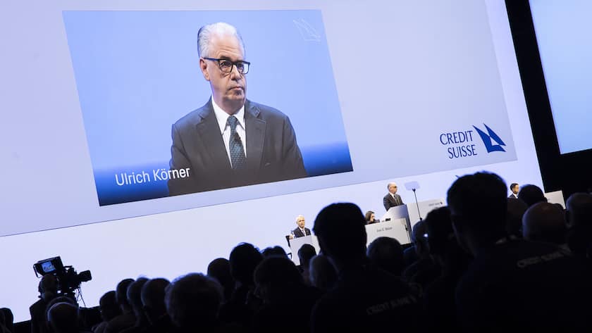 Swiss bank Credit Suisse CEO Ulrich Koerner, right, speaks next to Chairman Axel P. Lehmann, left, during the annual shareholders' meeting of the Swiss banking group on Tuesday, April 4, 2023 in Zurich, Switzerland. Swiss Bank Credit Suisse was rescued in a three billion dollars purchase by its Swiss rival UBS in a government-backed deal. (KEYSTONE/Michael Buholzer)
