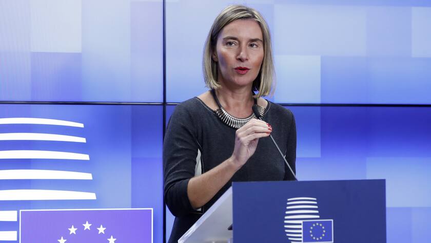 epa07190955 European Union Foreign Policy Chief Federica Mogherini speaks during a press briefing in Brussels, Belgium, 26 November 2018. The EU reportedly urged Russia to 'restore freedom of passage in the Kerch Strait' and called on both parties to 'de-escalate the situation immediately' after Russia had seized three Ukrainian vessels amid their leaving the Azov Sea through the Kerch Strait on 25 November. EPA/OLIVIER HOSLET