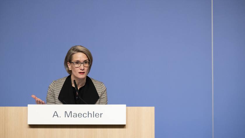 Swiss National Bank's (SNB) Member of the Governing Board Andrea Maechler, speaks during an end-of-year press conference of Swiss National Bank (SNB BNS), in Bern, Switzerland, Thursday, December 15, 2022. (KEYSTONE/Anthony Anex)