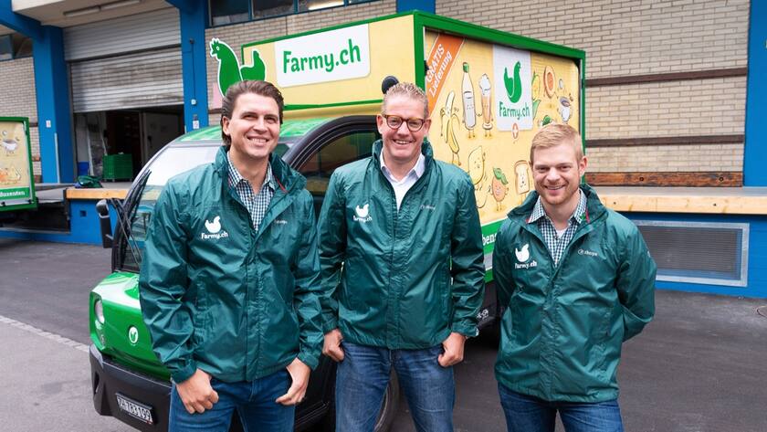 Farmy-Trio im Overdrive (v.l.) Roman Hartmann, Co-CEO; Dominique Locher, Mentor und Investor; Tobias Schubert, Co-CEO.