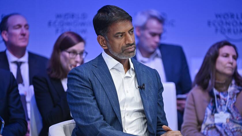 Vas Narasimhan, CEO of Swiss Pharma multinational Novartis participates in a panel session during the 53rd annual meeting of the World Economic Forum, WEF, in Davos, Switzerland, Wednesday, January 18, 2023. The meeting brings together entrepreneurs, scientists, corporate and political leaders in Davos under the topic "Cooperation in a Fragmented World" from 16 to 20 January. (KEYSTONE/Gian Ehrenzeller)