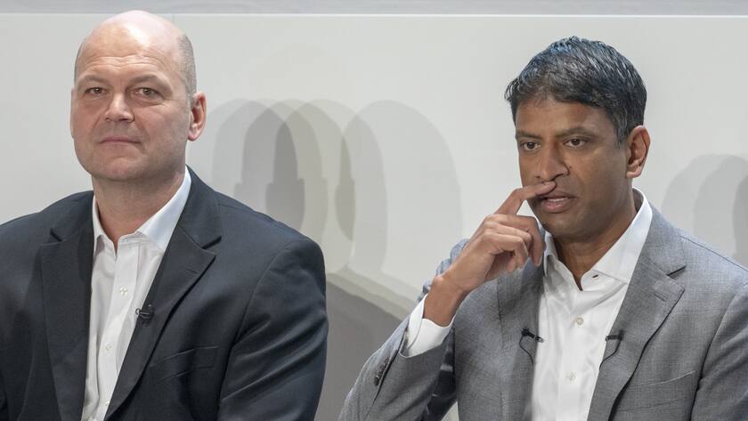 Vas Narasimhan, CEO of Swiss pharmaceutical group Novartis, speaks during the annual results media conference at the Novartis Campus in Basel, Switzerland, on Wednesday, January 30, 2019. (KEYSTONE/Patrick Straub)
