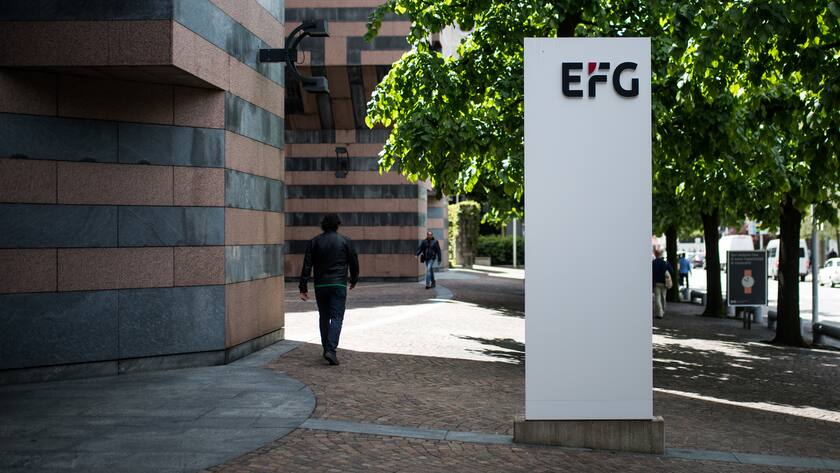 Das Logo der EFG International-Bank, aufgenommen am Dienstag, 2. Mai 2017, in Lugano. (KEYSTONE/Ti-Press/Gabriele Putzu)