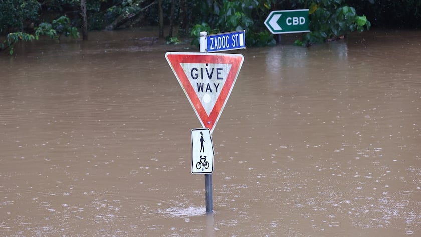 A flooded area on Zadoc Street as residents in New South Wales and Queensland have been told to bunker down for dangerous conditions, including flash flooding, heavy rain, and intense winds, as Tropical Cyclone Alfred was downgraded to a tropical low in Lismore, Australia, 09 March 2025.