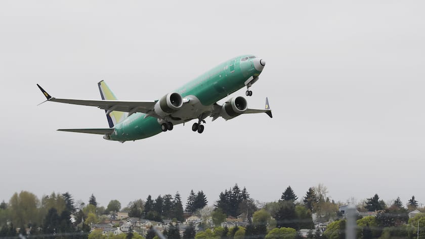 A Boeing 737 MAX 8 airplane being built for India-based Jet Airways, flies after taking off on a test flight, Wednesday, April 10, 2019, at Boeing Field in Seattle. Flight test and other non-passenger-bearing flights of the plane continue in the Seattle area where the plane is manufactured, as a world-wide grounding the the 737 MAX 8 continues, following fatal crashes of MAX 8's operated by Ethiopian Airlines and Lion Air. (AP Photo/Ted S. Warren)