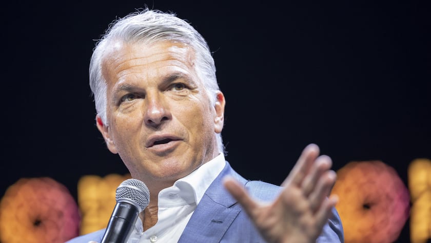 Group Chief Executive Officer of Swiss Bank UBS Sergio P. Ermotti speaks at the Point Zero Forum at the Circle in Zurich, Switzerland on Tuesday June 27, 2023. (KEYSTONE/Michael Buholzer).