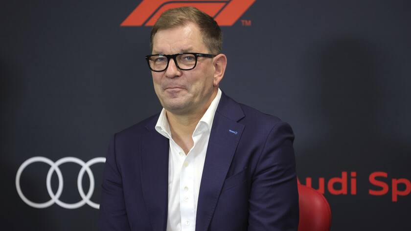 Audi CEO Markus Duesmann addresses a media conference ahead of the Formula One Grand Prix at the Spa-Francorchamps racetrack in Spa, Belgium, Friday, Aug. 26, 2022. German manufacturer Audi will enter Formula One in 2026 in line with new engine regulations, chairman Markus Duesmann said on Friday. (AP Photo/Olivier Matthys)