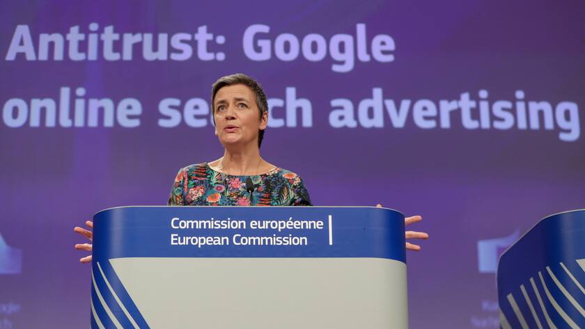 epa07450241 EU Commissioner for Competition Margrethe Vestager, from Denmark, speaks at a news conference on the concurrence case with Google online search advertising, at the European Commission in Brussels, Belgium, 20 March 2019. The EU on 20 March 2019 fined Google with a fine of 1.5 billion US dollars over search engine advertising in the 'AdSense for Search' subsection. EPA/STEPHANIE LECOCQ