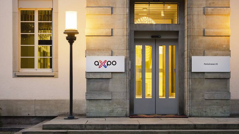 Das Logo des Energiekonzerns Axpo am Hauptsitz, aufgenommen am Donnerstag, 10. Februar 2022 in Baden. (KEYSTONE/Michael Buholzer)