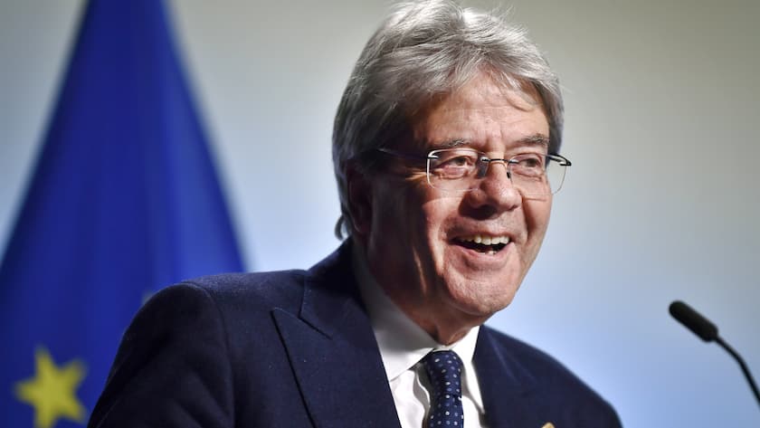 Paolo Gentiloni, Commissioner, European Commission, speaks during the informal EU meeting between EU finance ministers and central bank governors in the Scandinavian XPO in Marsta, outside Stockholm, Friday April 28, 2023. (Caisa Rasmussen/TT via AP)