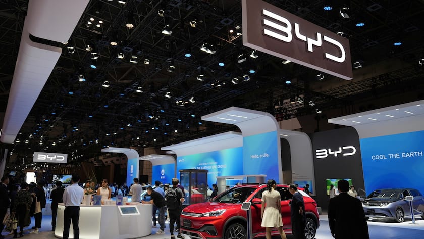 epa10937514 General view of the BYD booth at the Japan Mobility Show 2023 in Tokyo, Japan, 25 October 2023. The BYD Seal is scheduled to go on sale in Japan from Spring 2024. The Japan Mobility Show 2023 will be open to the public from 28 October to 05 November 2023. EPA/FRANCK ROBICHON