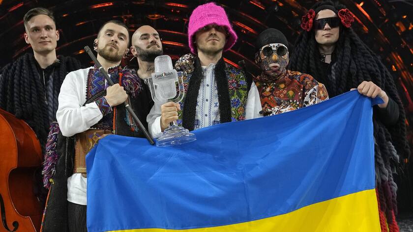Kalush Orchestra from Ukraine celebrate after winning the Grand Final of the Eurovision Song Contest at Palaolimpico arena, in Turin, Italy, Saturday, May 14, 2022. (AP Photo/Luca Bruno)