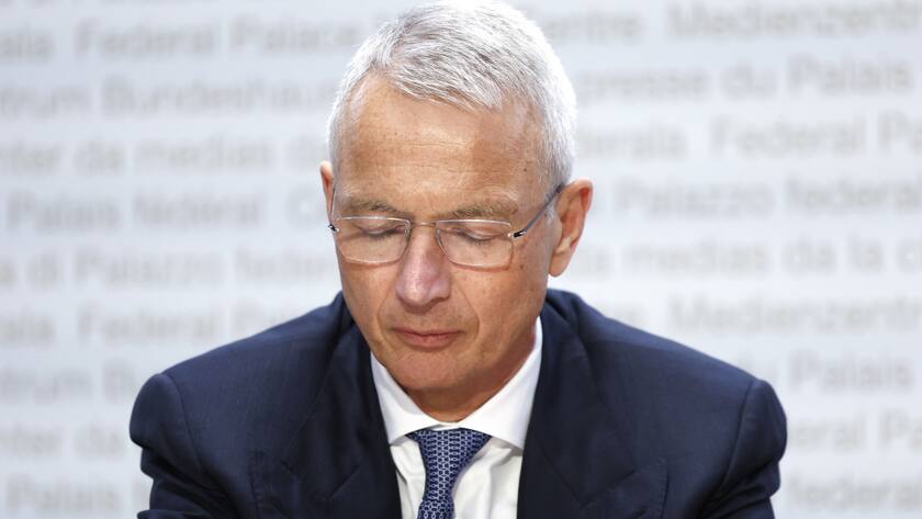 Axel Lehmann, Chairman Credit Suisse, reacts during a press conference, on Sunday, 19 March 2023 in Bern. Switzerland's largest bank UBS agreed to take over Credit Suisse for 3 billion Swiss francs ($3.25 billion) in a government-brokered deal over the weekend following days of market upheaval over the health of the banking sector.(KEYSTONE/Peter Klaunzer)