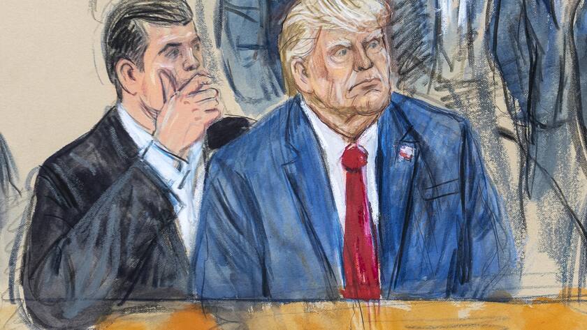 This artist sketch depicts former President Donald Trump, right, conferring with defense lawyer Todd Blanche, left, during his appearance at the Federal Courthouse in Washington, Thursday, Aug. 3, 2023. Trump pleaded not guilty in Washington?s federal court to charges that he conspired to overturn the 2020 election. (Dana Verkouteren via AP).Donald Trump,Todd Blanche