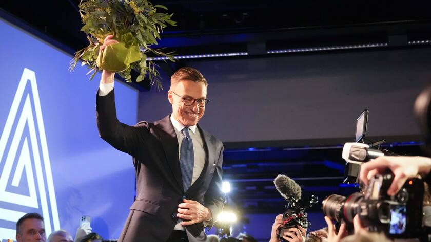 National Coalition Party candidate Alexander Stubb celebrates after winning the second round of the presidential election during an election party night, Sunday, Feb. 11, 2024, in Helsinki. Ex-Prime Minister Stubb has narrowly won Finland's presidential election runoff on Sunday against former Foreign Minister Pekka Haavisto. (AP Photo/Sergei Grits)