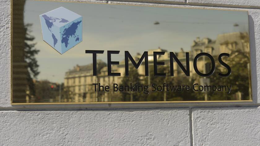 Le logo de la banque Temenos photographie, ce mercredi 8 avril 2015 a son siege a Geneve. (KEYSTONE/Martial Trezzini)
