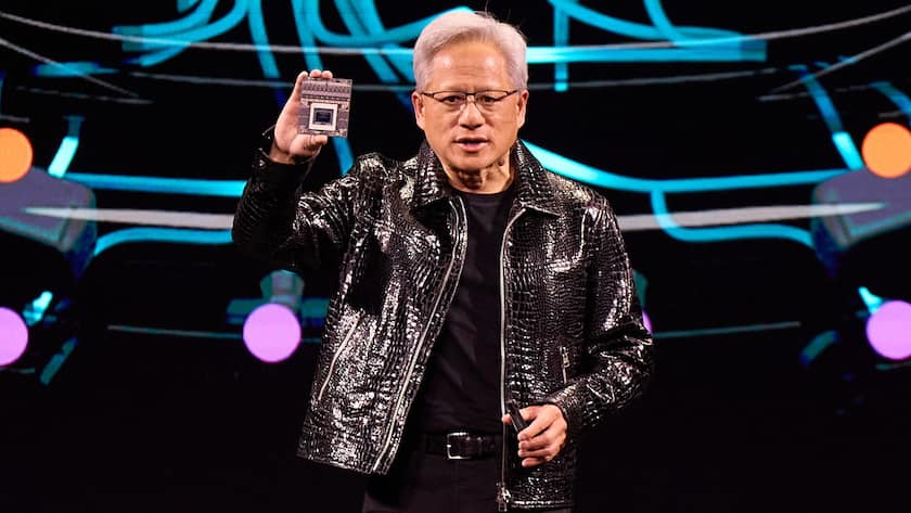 epa11810667 NVIDIA founder and CEO Jensen Huang holds up the Thor Blackwell Robotics processor during the NVIDIA keynote at the 2025 Consumer Electronics Show being held at the Mandalay Bay hotel in Las Vegas, Nevada USA, 06 January 2025. CES, the world's largest annual consumer technology trade show, is a place where industry manufacturers, advertisers and tech-minded consumers gather to view new innovations coming to the market each year. CES takes place from 07-10 January 2025. EPA/ALLISON DINNER