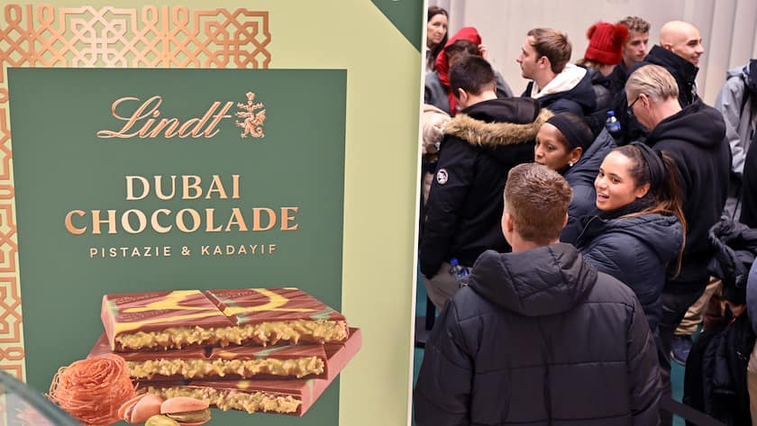 Menschen warten auf das oeffnen der Tuere im Lindt Museum in Kilchberg am Samstag, 16. November 2024. Am Samstag ist eine auf 500 Stueck limitierte Auflage der handgefertigten Schokoladenkreation in den Verkauf gekommen. Der Verkauf der Dubai-Schokolade von Lindt loeste in Deutschland einen Run auf die Laeden aus. Nun lancierte der Schokoladenhersteller sein Hype-Produkt in limitierter Auflage auch in der Schweiz. (KEYSTONE/Walter Bieri)