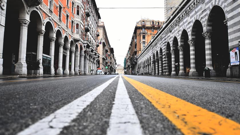 epa08289096 A view of a deserted road in the Genoa city center, northern Italy, 12 March 2020, during a national lockdown over the novel coronavirus crisis. Tougher lockdown measures kicked-in in Italy on the day after Italian Premier Conte announced the day earlier that all non-essential shops should close as part of the effort to contain the coronavirus. All of Italy is on lockdown until 03 April due to the novel coronavirus crisis. EPA/LUCA ZENNARO