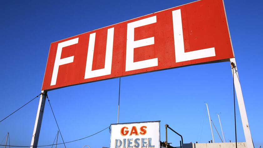 A fuel sign is shown at Liberty Harbor Marina Thursday, Oct. 23, 2008 in Jersey City, N.J. Oil is down sharply, trading below $64 a barrel amid weakening global demand for crude. Prices are down despite a decision by the OPEC cartel to cut production quotas by 1.5 million barrels a day from next month. (AP Photo/Mark Lennihan)