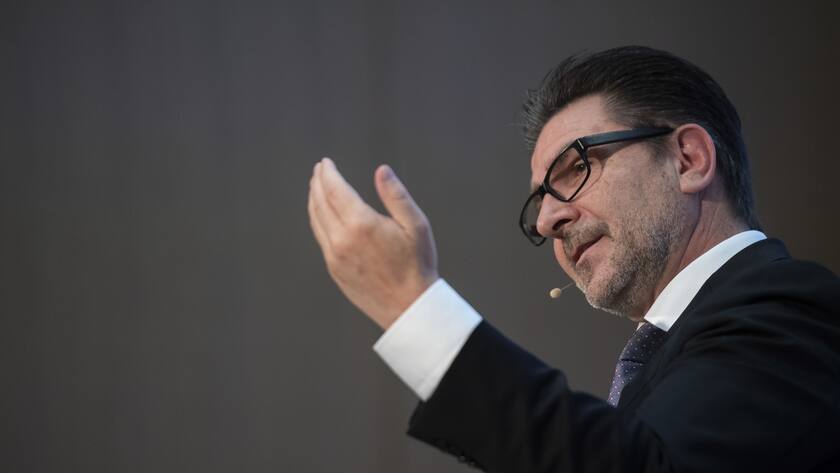 CEO Yves Zumwald spricht an der Bilanzmedienkonferenz des nationalen Stromnetzbetreiber Swissgrid, aufgenommen am Mittwoch, 3. April 2019 in Aarau. (KEYSTONE/Ennio Leanza)