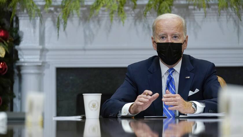 President Joe Biden speaks as he meets with members of the White House COVID-19 Response Team in the Roosevelt Room of the White House in Washington, Thursday, Dec. 16, 2021. (AP Photo/Susan Walsh)