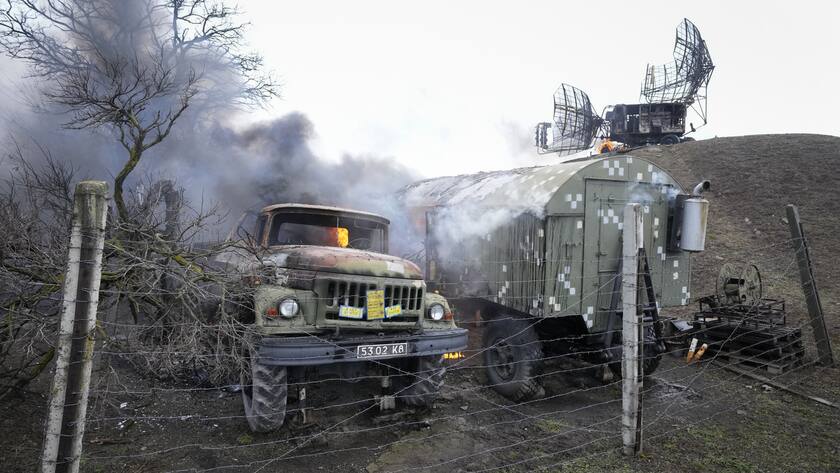 Damaged radar arrays and other equipment is seen at Ukrainian military facility outside Mariupol, Ukraine, Thursday, Feb. 24, 2022. Russia has launched a barrage of air and missile strikes on Ukraine early Thursday and Ukrainian officials said that Russian troops have rolled into the country from the north, east and south. (AP Photo/Sergei Grits)