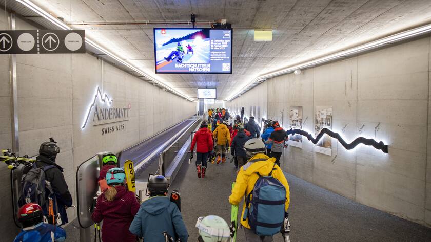 Der neue Bahnhof Andermatt im Skigebiet Andermatt-Oberalp-Sedrun, am Samstag, 12. Februar 2022. (KEYSTONE/Urs Flueeler)