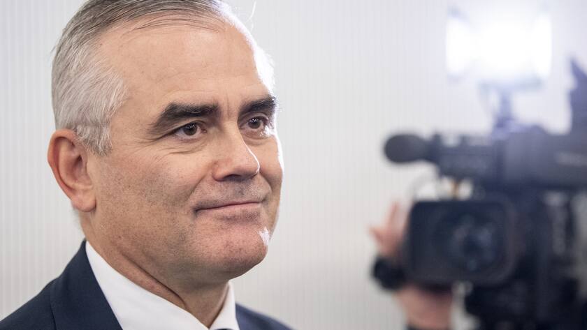 Thomas Gottstein, the new CEO of the Swiss bank Credit Suisse, reacts after the press conference of the full-year results of 2019 in Zurich, Switzerland, Thursday, Feburary 13, 2020. (KEYSTONE/Ennio Leanza).
