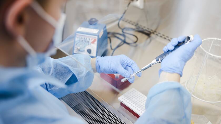 Ein Labor-Mitarbeiter verarbeitet Corona-Proben in einem Labor am Flughafen Zuerich, am Donnerstag, 2. Dezember 2021 in Zuerich. Das neu eroeffnete Flyender Labor bietet nach eigenen Angaben die schnellsten RT PCR-Tests in der Schweiz mit Testresultaten nach 3 oder 5 Stunden an. (KEYSTONE/Michael Buholzer)