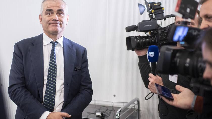 Thomas Gottstein, the new CEO of the Swiss bank Credit Suisse, speaks to the media after the press conference of the full-year results of 2019 in Zurich, Switzerland, Thursday, Feburary 13, 2020. (KEYSTONE/Ennio Leanza).