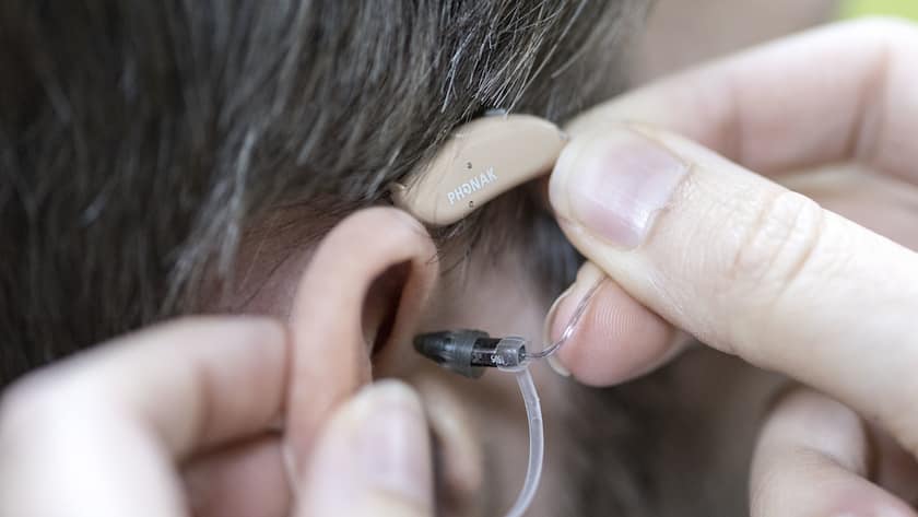 Fitting of a hearing aid at Sonova in Staefa, Canton of Zurich, Switzerland, on September 14, 2015. The Swiss company Sonova specializes in hearing systems. (KEYSTONE/Christian Beutler)