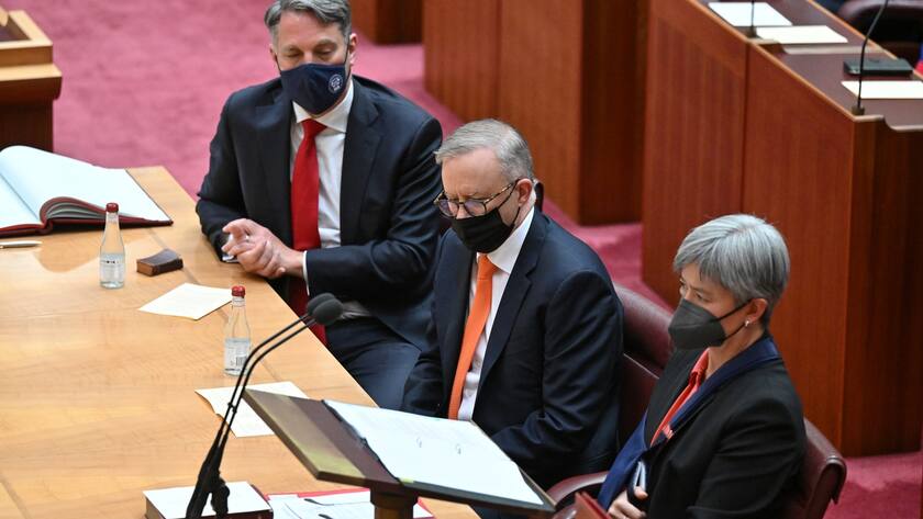 Deputy Prime Minister Richard Marles (L), Prime Minister Anthony Albanese (C) and Minister for Foreign Affairs Penny Wong (R) are seen in the Senate chamber during the opening of the 47th Federal Parliament at Parliament House in Canberra, Australia, 26 July 2022. EPA/MICK TSIKAS AUSTRALIA AND NEW ZEALAND OUT