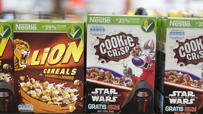 Cereals on display in a Nestle shop at the Nestle production site in Orbe in the Canton of Vaud, Switzerland, on November 18, 2015. The Swiss food and beverage company Nestle was founded in 1866 and is headquartered in Vevey in the Canton of Vaud, Switzerland. It's the largest food company in the world measured by revenues. (KEYSTONE/Gaetan Bally)