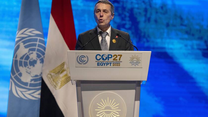 Ignazio Cassis, president of Switzerland speaks at the COP27 U.N. Climate Summit, Monday, Nov. 7, 2022, in Sharm el-Sheikh, Egypt. (AP Photo/Nariman El-Mofty)