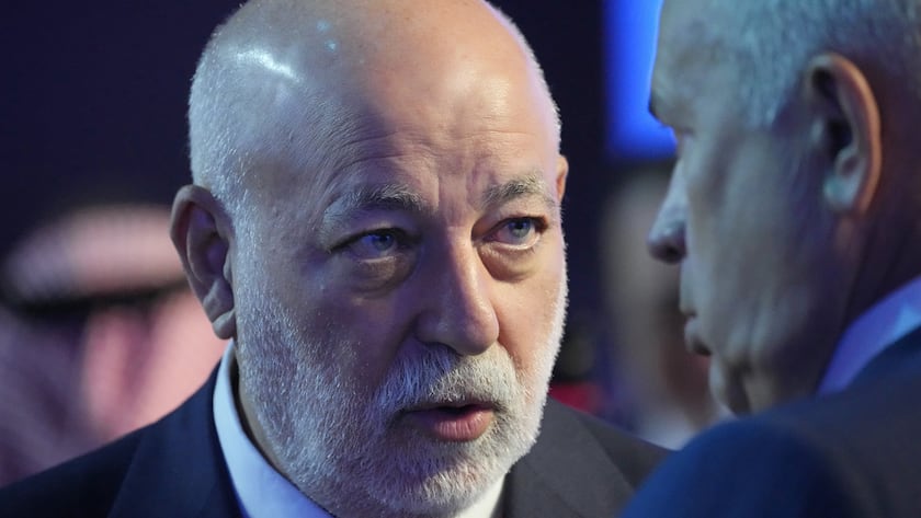 President of the Skolkovo Foundation Viktor Vekselberg, left, and head of Russian Lukoil oil company Vagit Alikperov speak on the sidelines of the St. Petersburg International Economic Forum in St.Petersburg, Russia, Friday, June 17, 2022. (AP Photo/Dmitri Lovetsky)