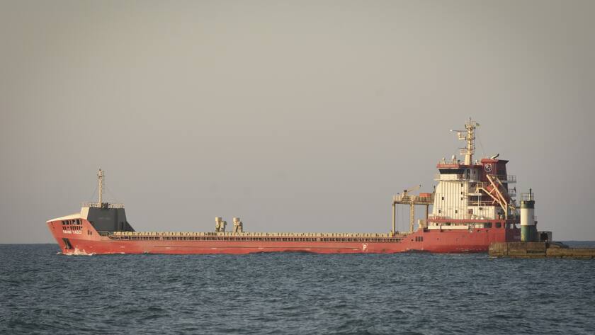 Cargo ship "Rahmi Yagci" makes its way from the port in Odesa, Ukraine, Tuesday, Aug. 9, 2022. "Rahmi Yagci" with 5000 ton of meal cargo and "Ocean Lion" with some 65000 ton of corn are the third caravan leaving ports in Odesa region.