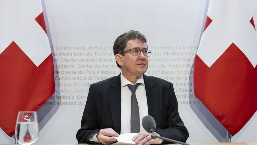 Der neugewaehlte Bundesrat Albert Roesti, SVP-BE, spricht nach seiner Wahl an einer Medienkonferenz, am Mittwoch, 7. Dezember 2022, in Bern. (KEYSTONE/Peter Schneider)