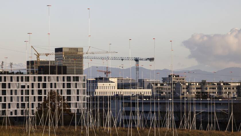 Bauprofile auf einer Wiese bei Staudenbuehl in Zuerich Seebach, mit Oerlikon im Hintergrund, aufgenommen am Samstag, 26. November 2022 in Zuerich. (KEYSTONE/Michael Buholzer)