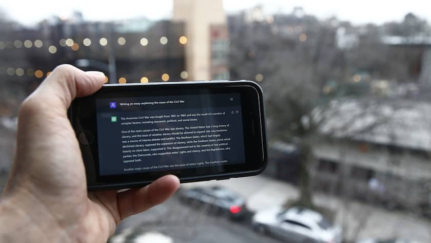 A ChatGPT prompt is shown on a device near a public school in Brooklyn, New York, Thursday, Jan. 5, 2023. New York City school officials started blocking this week the impressive but controversial writing tool that can generate paragraphs of human-like text. (AP Photo/Peter Morgan)
