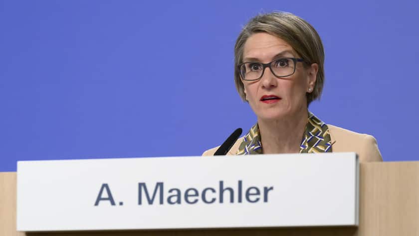 Swiss National Bank's (SNB) Member of the Governing Board Andrea Maechler speaks during a semi-annual conference of Swiss National Bank (SNB BNS), in Bern, Switzerland, Thursday, June 16, 2022. (KEYSTONE/Anthony Anex)