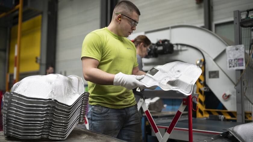 Autoneum employees during the quality inspection at the Autoneum plant in Sevelen, Switzerland, on April 12, 2019. Autoneum supplies almost all car manufacturers worldwide with components for noise and heat protection in vehicles.